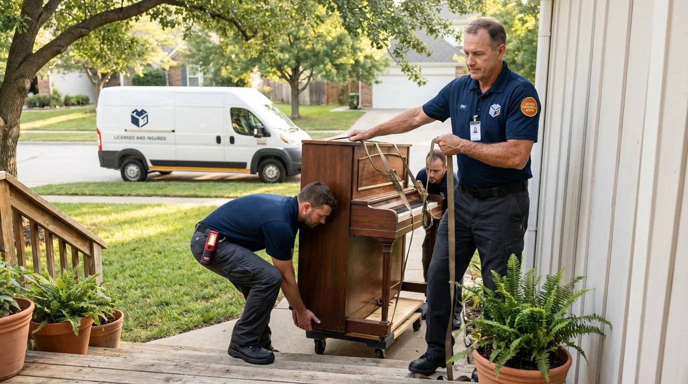 Licensed piano movers securing grand piano in Auberry, CA