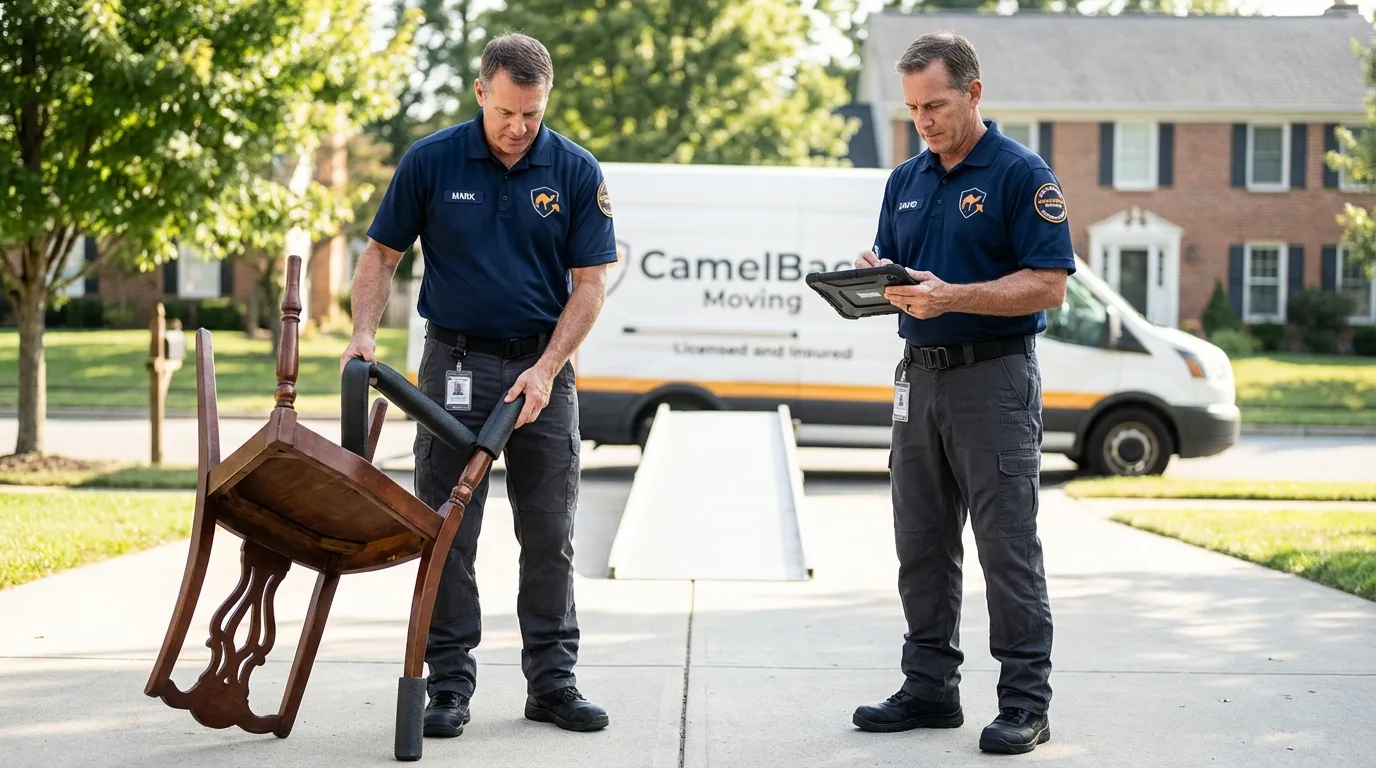Movers inspecting furniture for damage prevention before loading in Auberry, CA