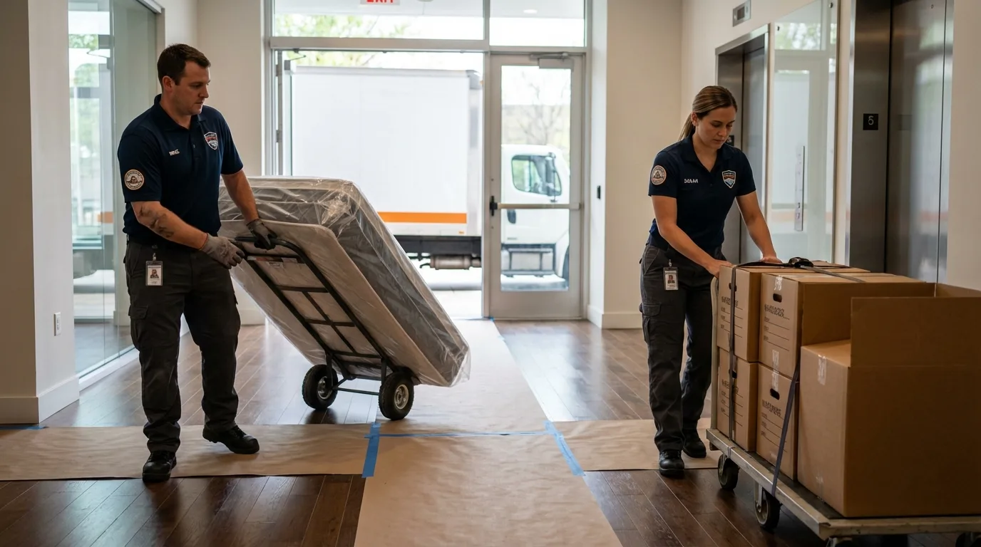 Professional apartment movers loading elevator in Auberry, CA
